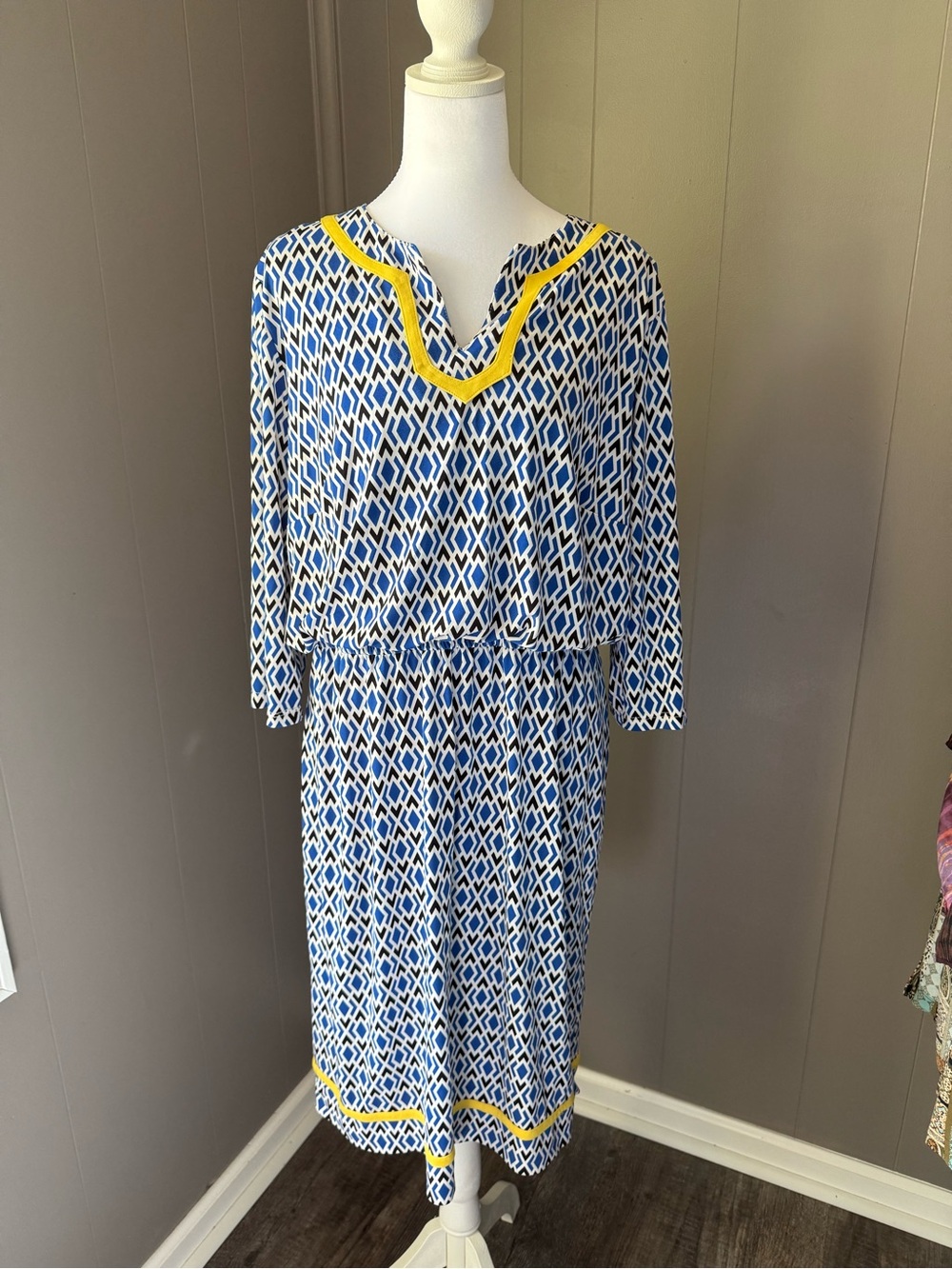 Peter Nygard Blue, White & Yellow Geometric Midi Dress